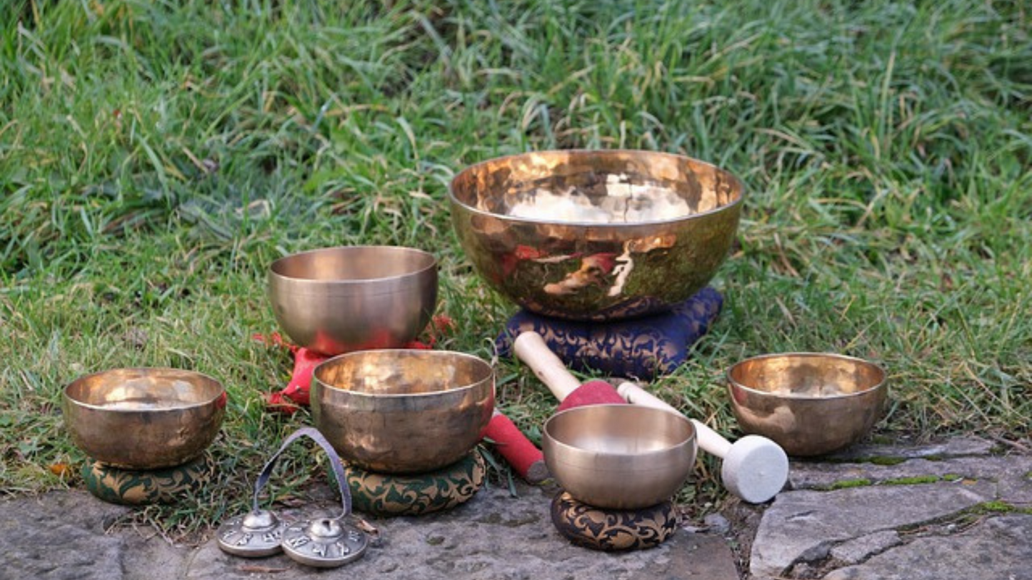 different sizes of singing bowls in the forest