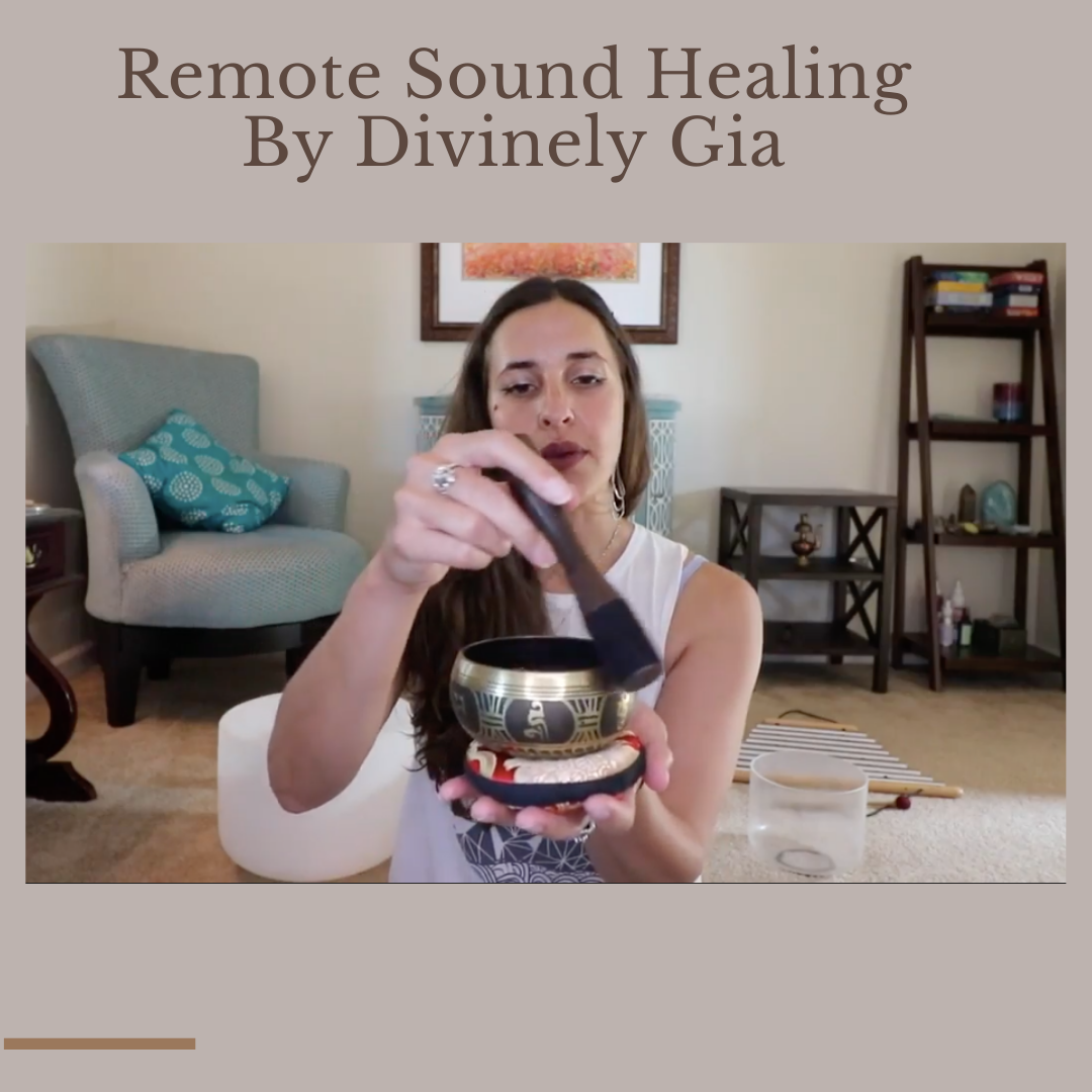 A young woman plays a Silent Mind singing bowl in her home for others on Zoom.