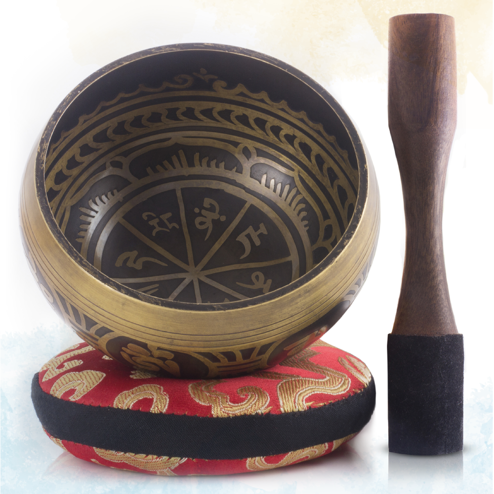 
                  
                    Antique Light Brown Bowl with Red Pillow ~ Gratitude Pattern ~ Tibetan Singing Bowl Set
                  
                