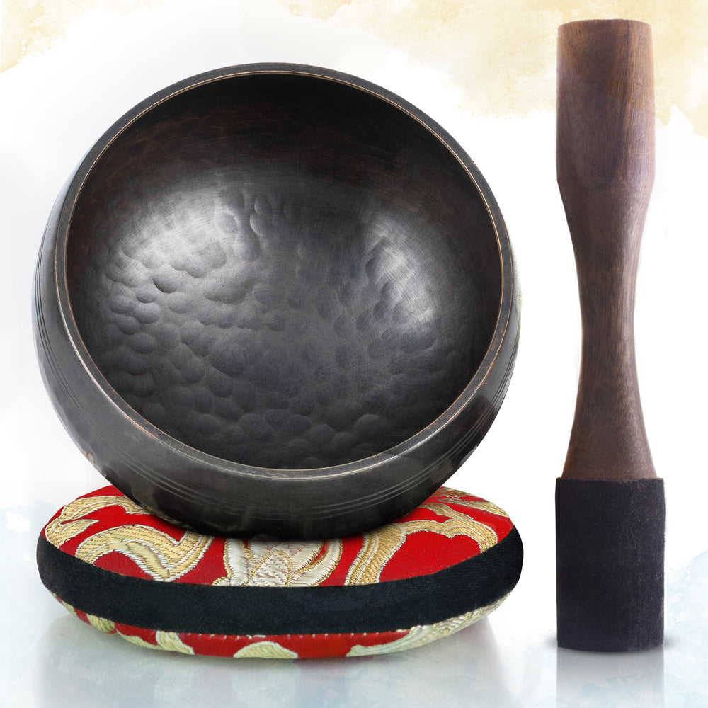 Brown Matte Bowl with Red Pillow ~ Simplicity Pattern Beaten  ~ Tibetan Singing Bowl Set