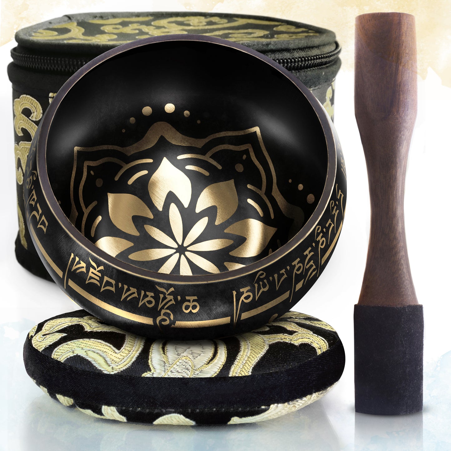 Black Bowl with Black Pillow ~ Bliss Pattern ~ Tibetan Singing Bowl Set