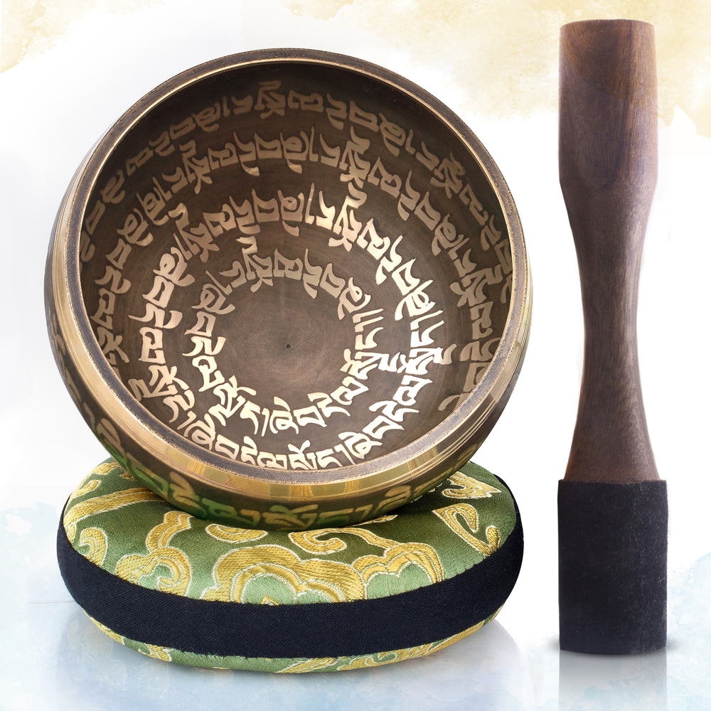 Brown Bowl with Black Pillow ~ Peace Pattern ~ Tibetan Singing Bowl Set