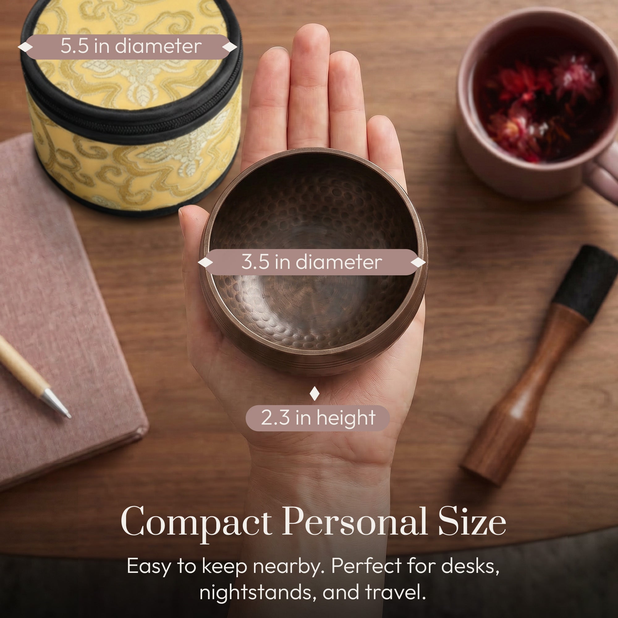 Size of the Polished Harmony singing bowl held in the hand