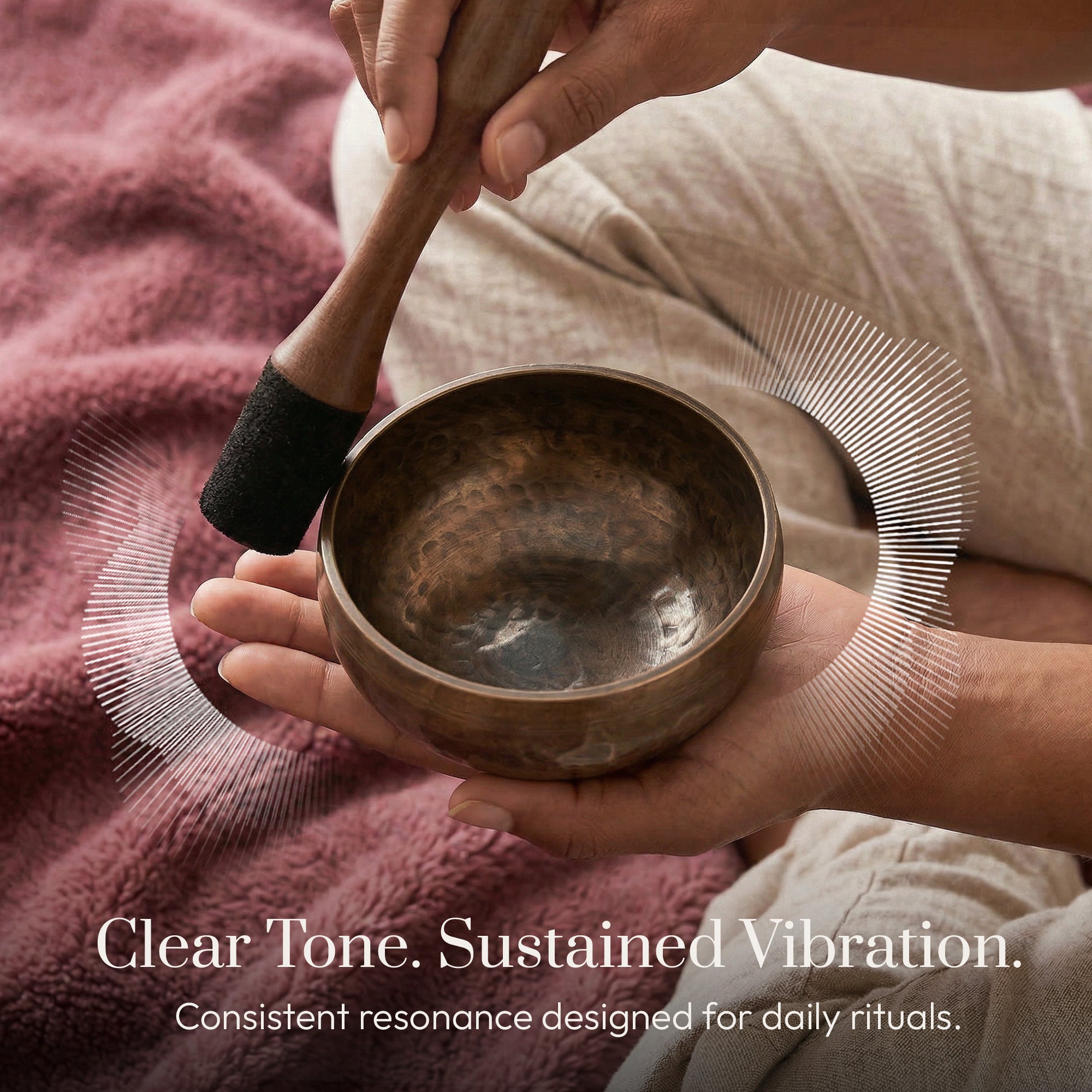 Polished Harmony singing bowl being played: clear tone, sustained vibration