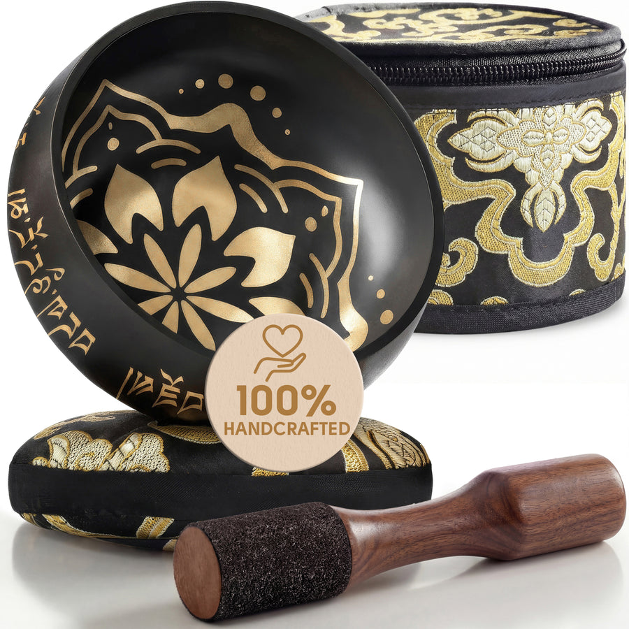 Celestial Harmony Tibetan singing bowl with its cushion, wooden striker and carry case