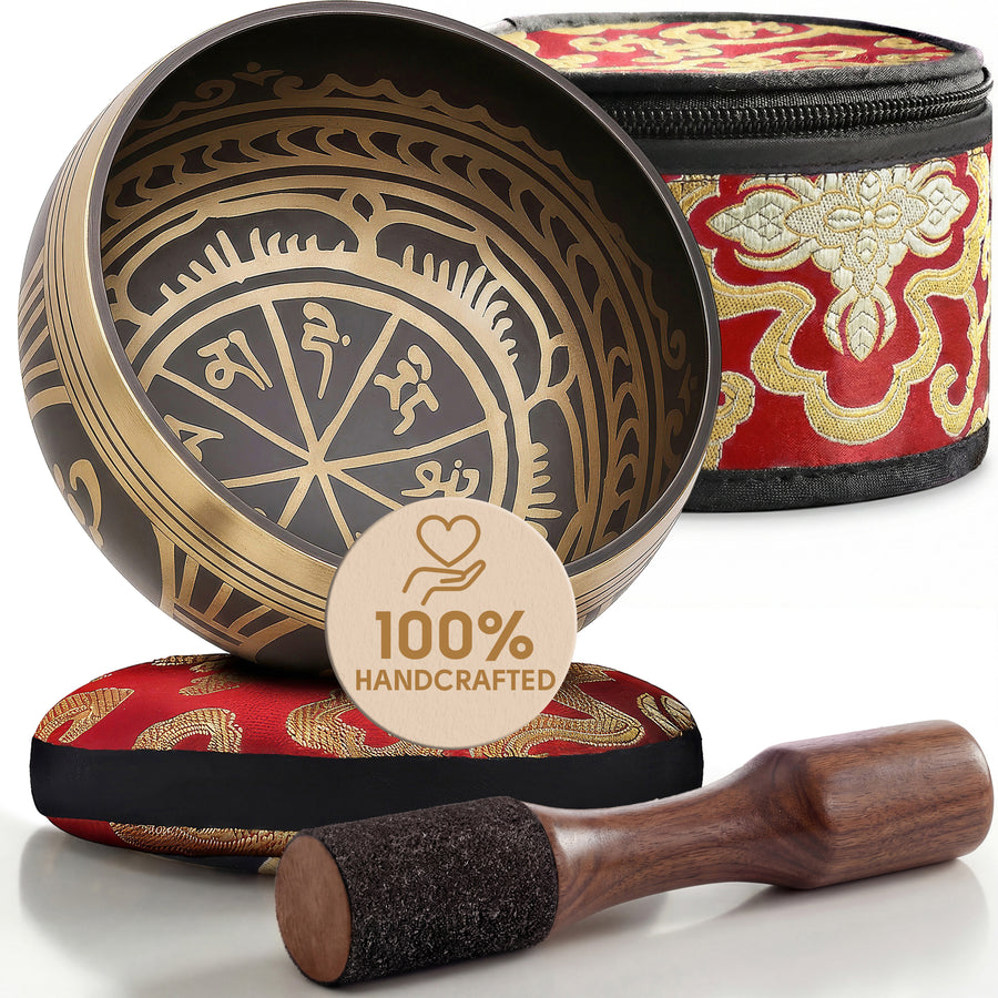 Antique Resonance Tibetan singing bowl with its cushion, wooden striker and carry case