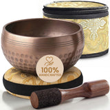 Polished Harmony Tibetan singing bowl with its cushion, wooden striker and carry case