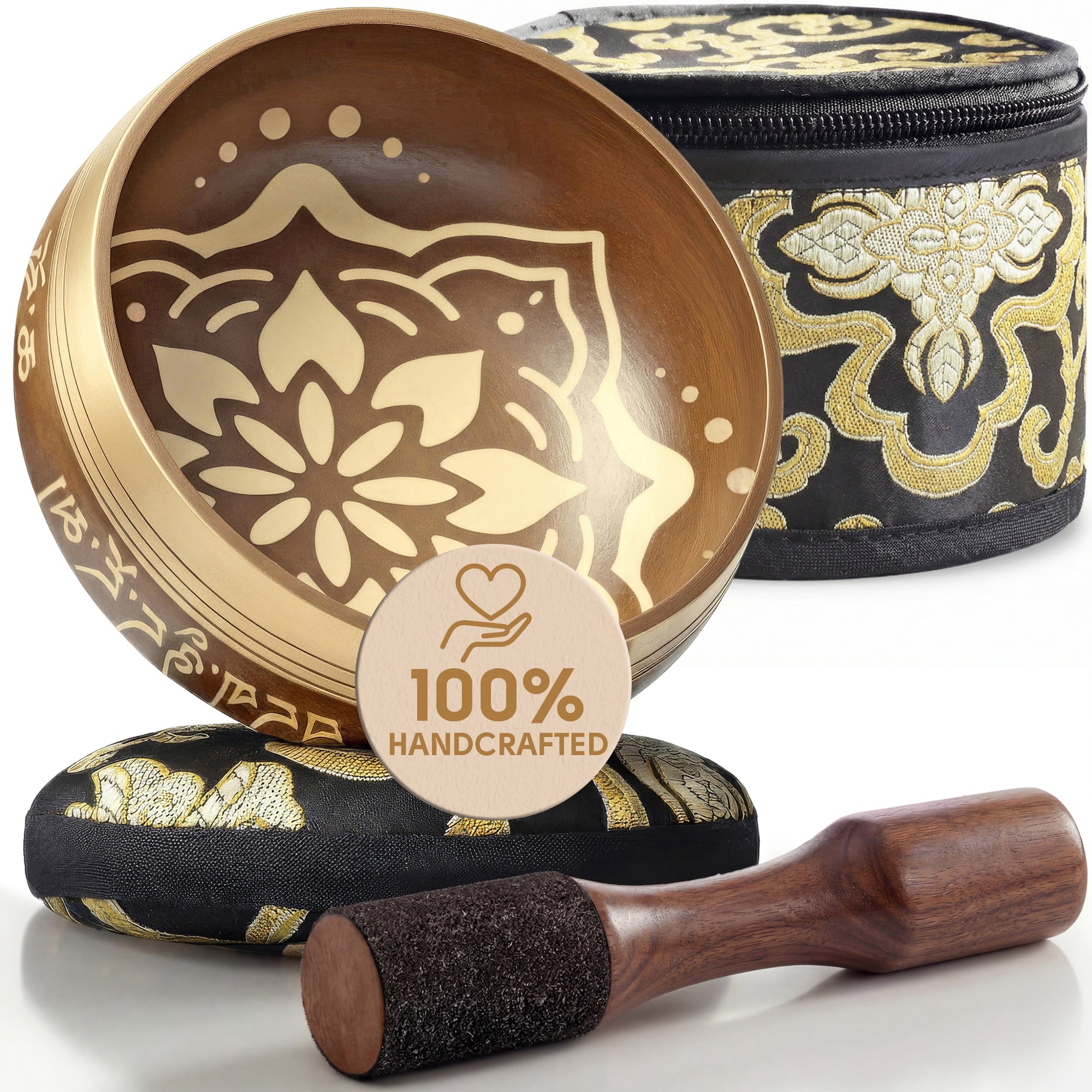 Golden Harmony Tibetan singing bowl with its cushion, wooden striker and carry case