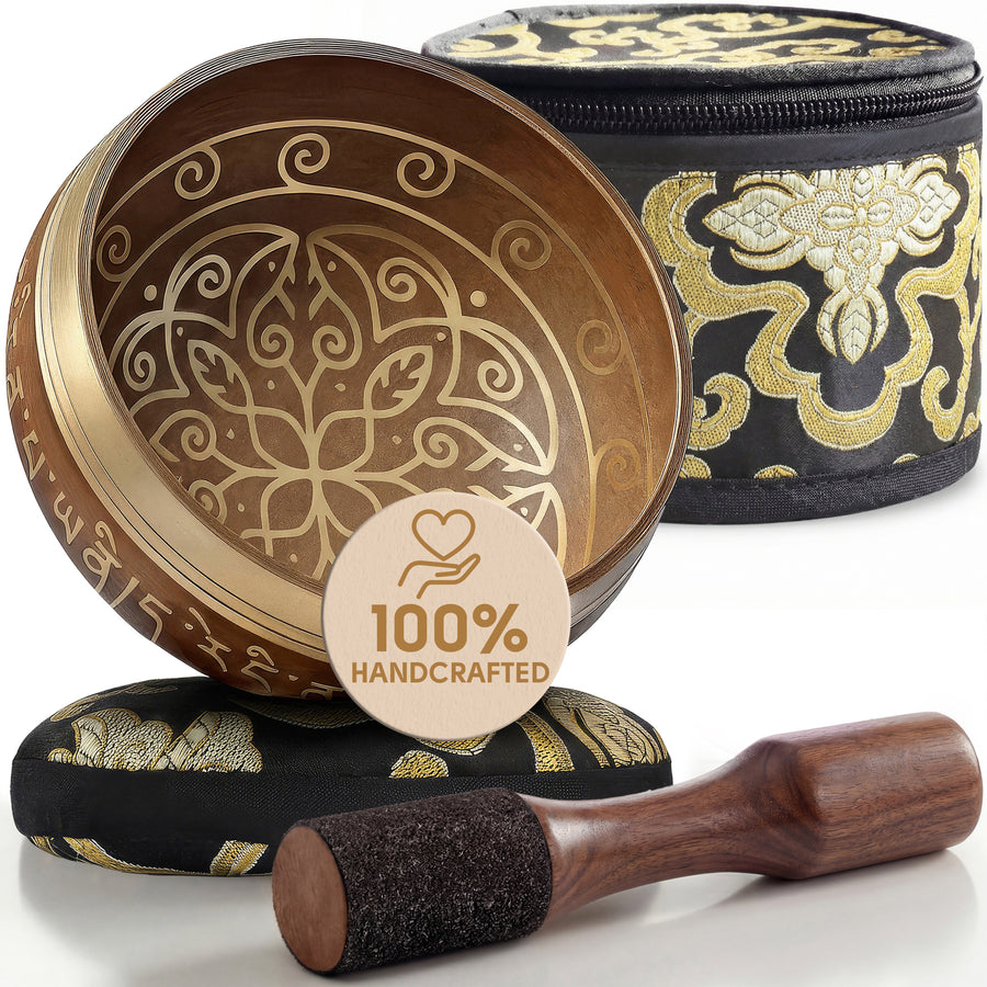 Golden Bloom Tibetan singing bowl with its cushion, wooden striker and carry case