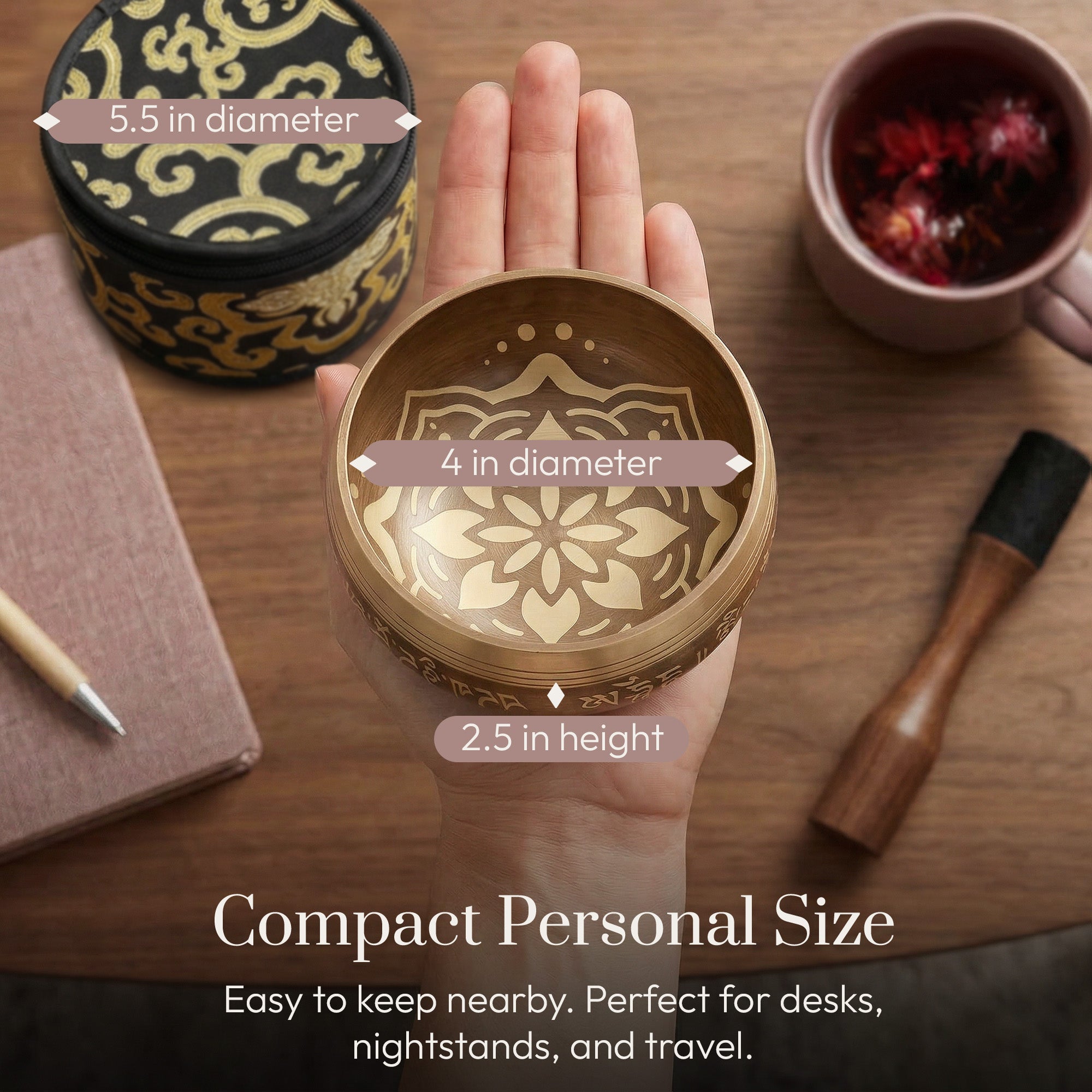 Size of the Golden Harmony singing bowl held in the hand