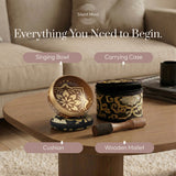Everything you need to begin: the Golden Harmony bowl, cushion, wooden striker and carry case