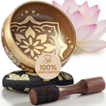 Golden Harmony Tibetan singing bowl with its cushion and wooden striker