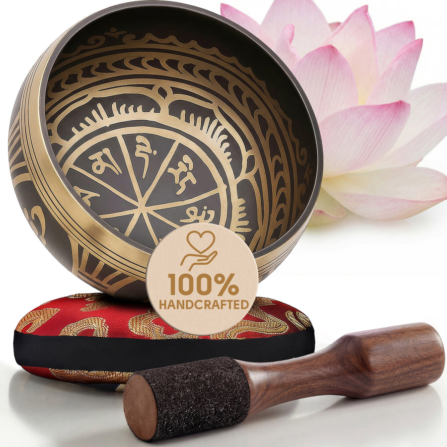 Antique Resonance Tibetan singing bowl with its cushion and wooden striker