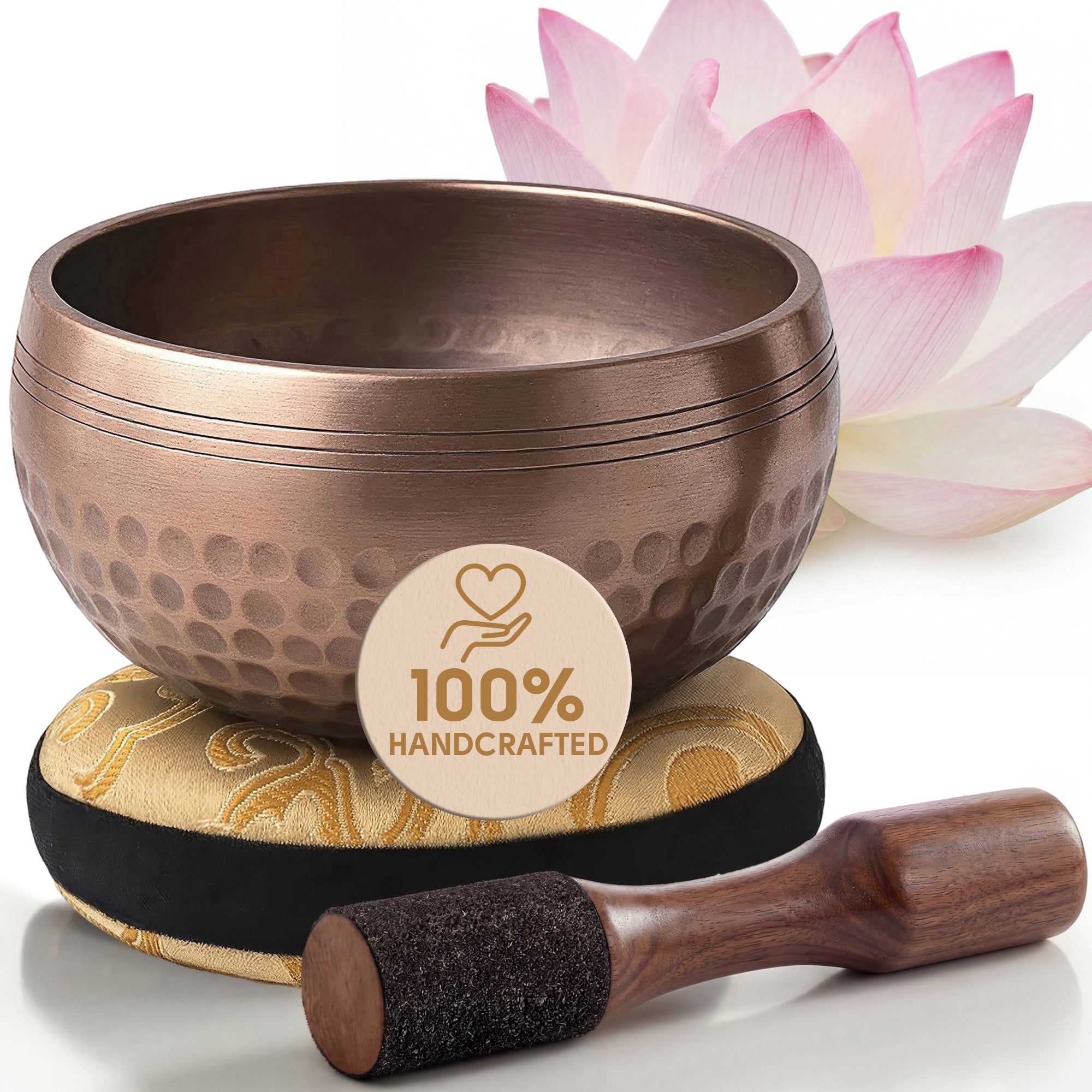Polished Harmony Tibetan singing bowl with its cushion and wooden striker