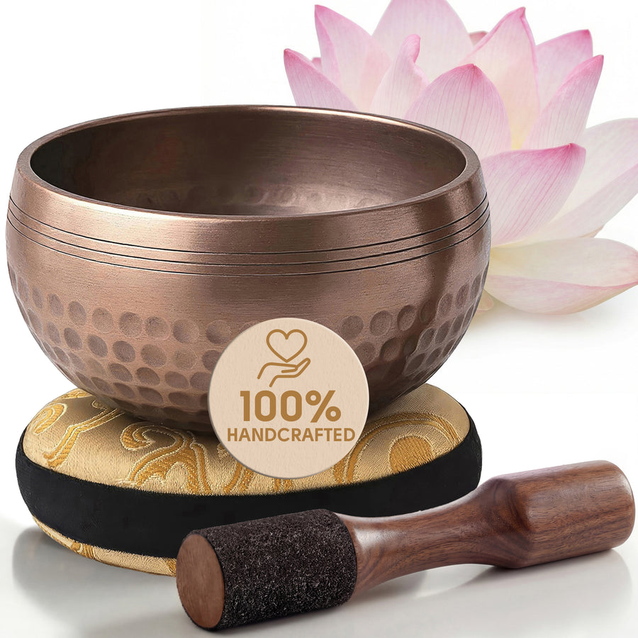 Polished Harmony Tibetan singing bowl with its cushion and wooden striker