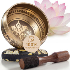 Golden Serenity Tibetan singing bowl with its cushion and wooden striker