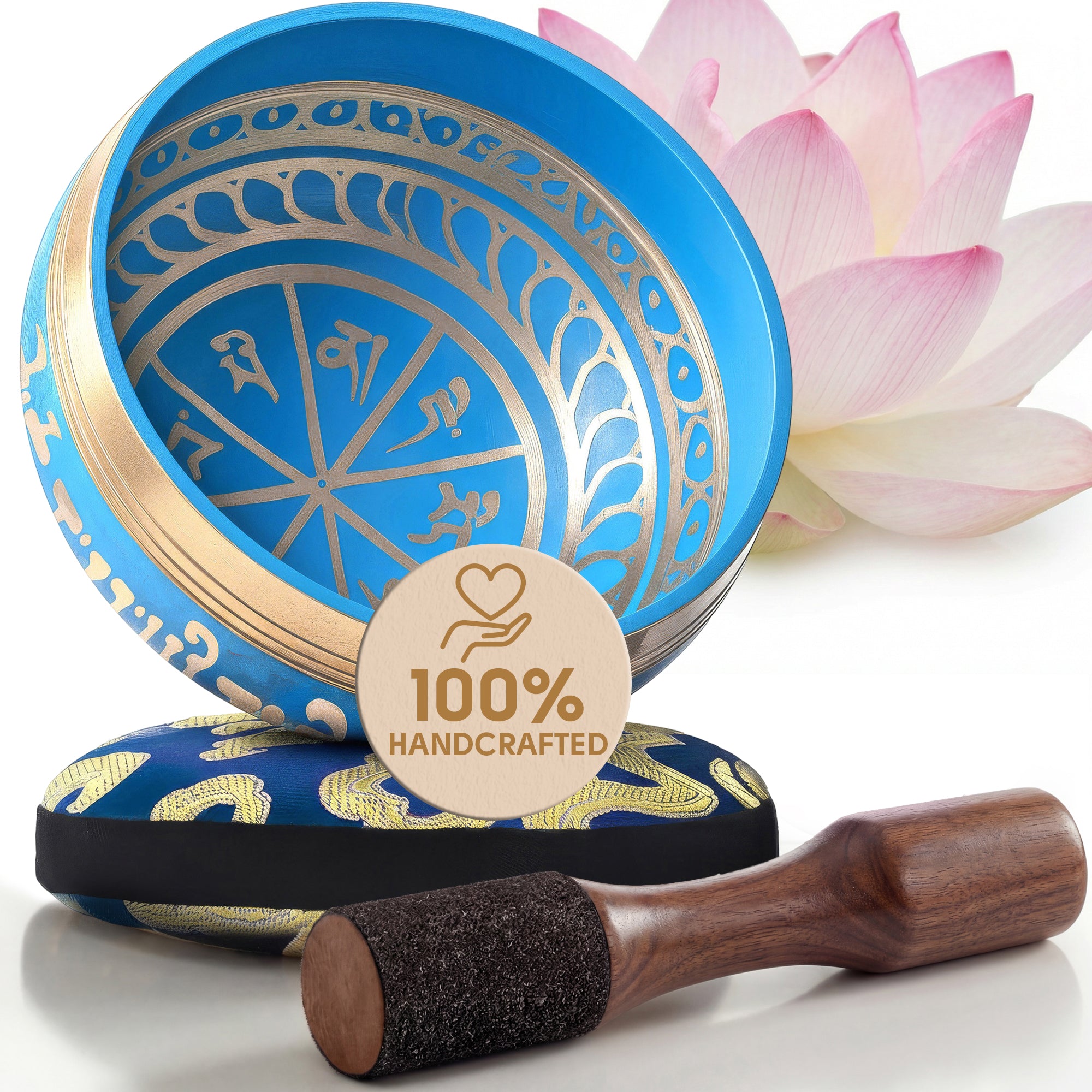 Tranquil Aura Tibetan singing bowl with its cushion and wooden striker