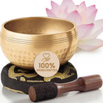 Golden Stillness Tibetan singing bowl with its cushion and wooden striker