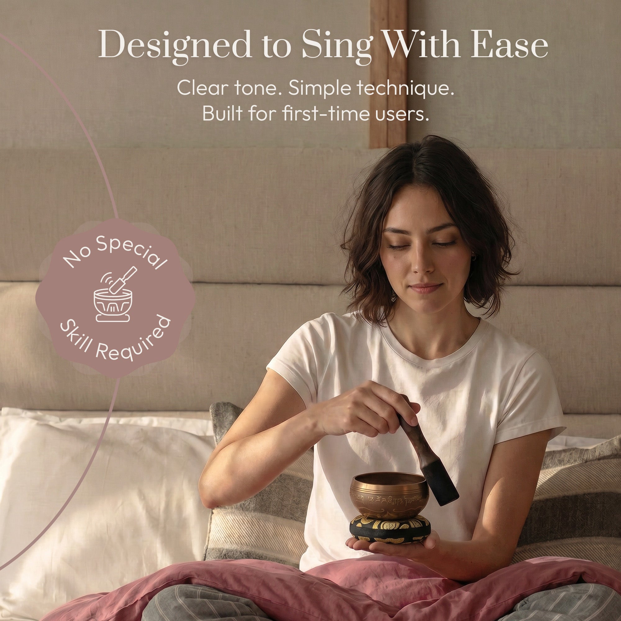 Playing the Golden Harmony singing bowl with the wooden striker: designed to sing with ease