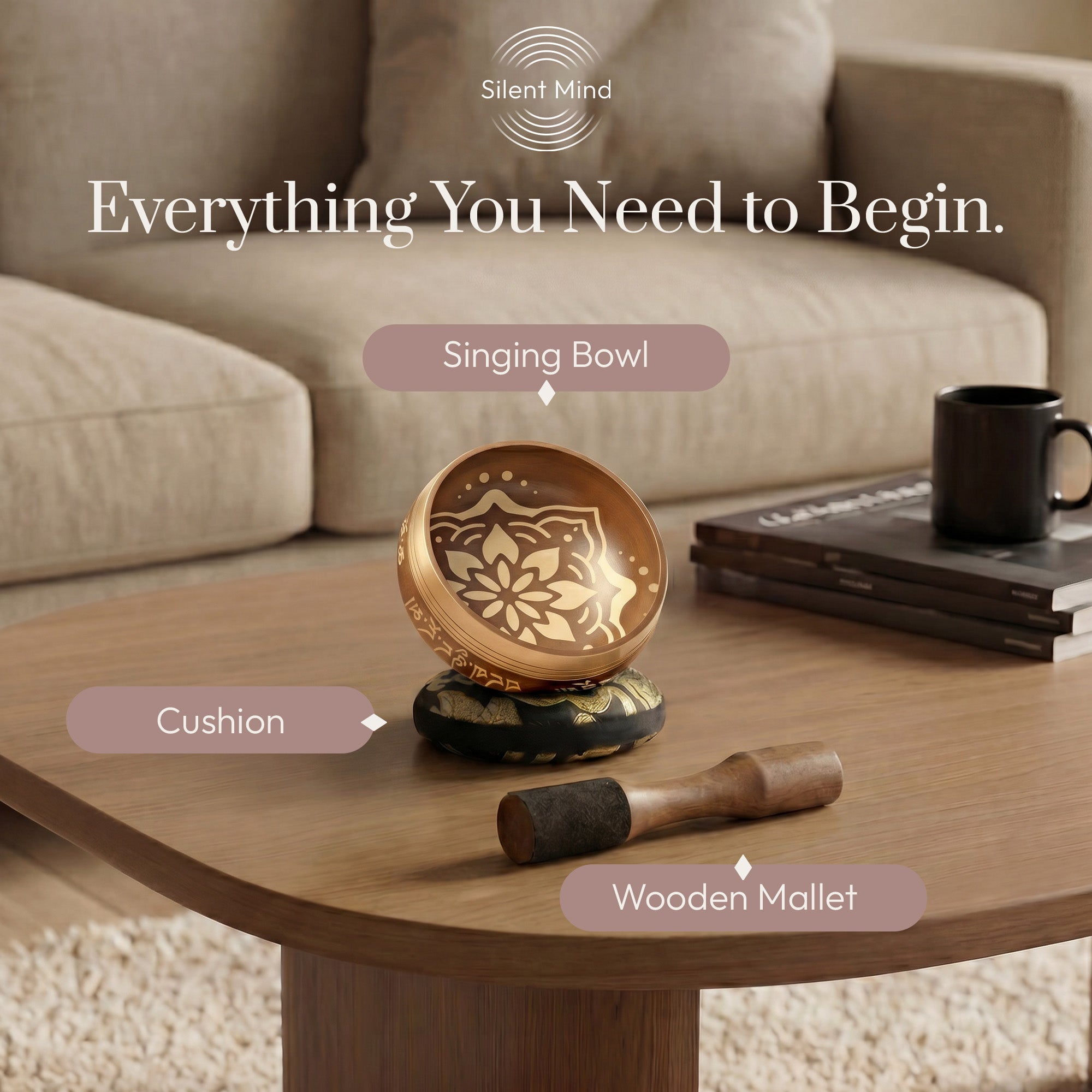 Everything you need to begin: the Golden Harmony bowl, cushion and wooden striker