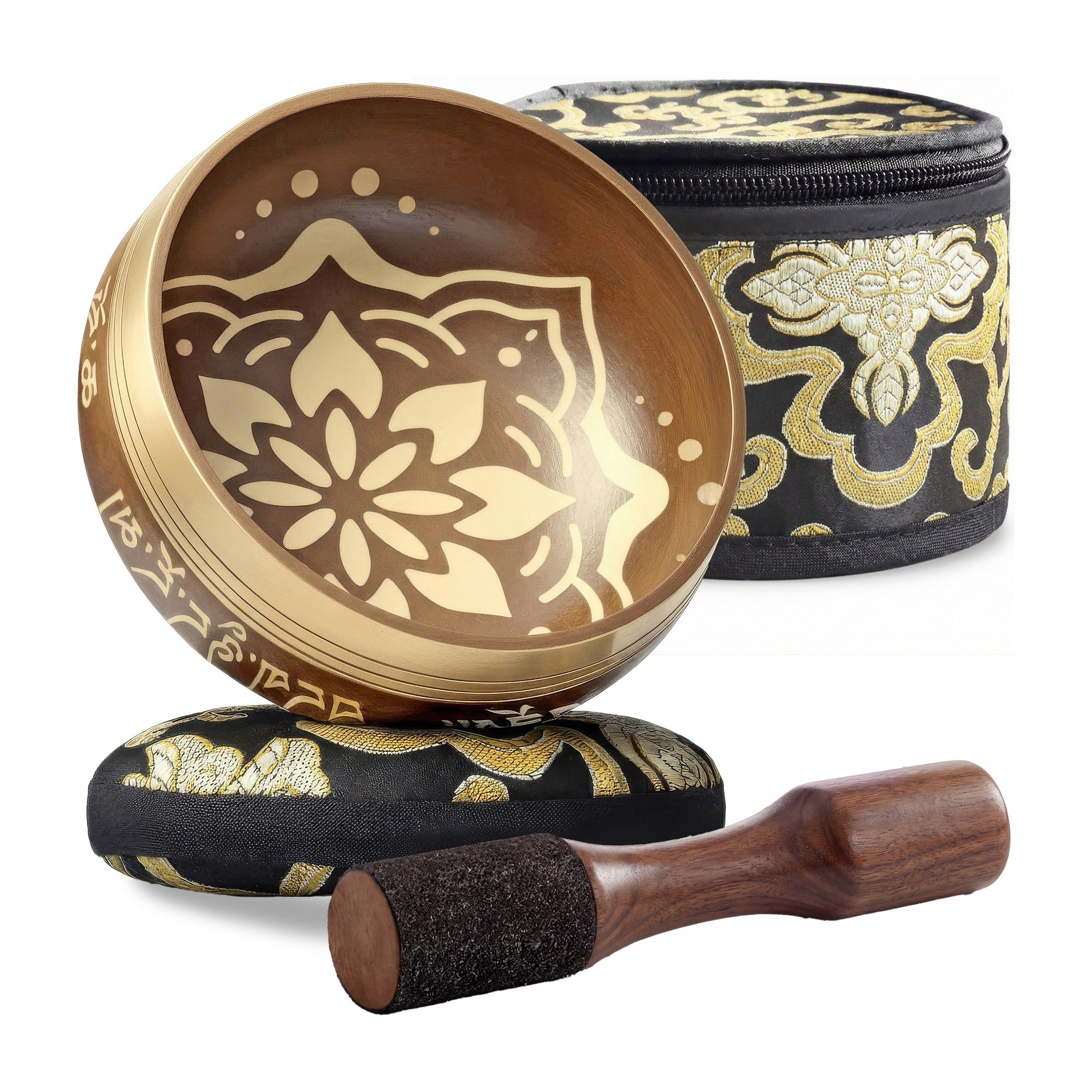 Golden Harmony Tibetan Singing Bowl set: bowl, striker, cushion and carry case