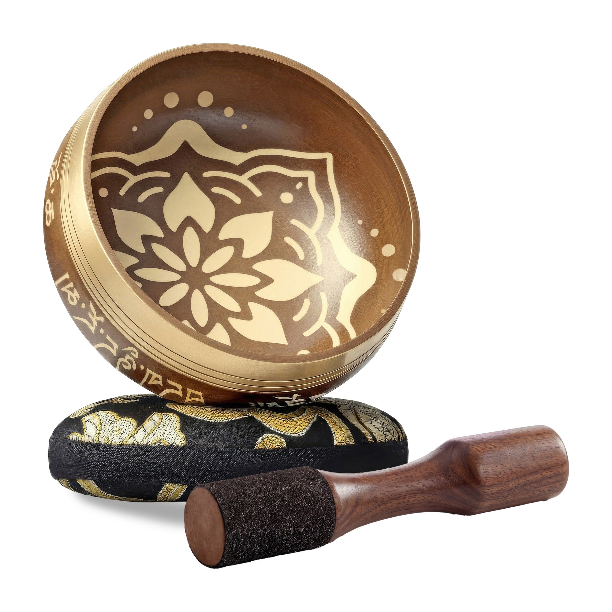 Golden Harmony Tibetan Singing Bowl with wooden striker and cushion