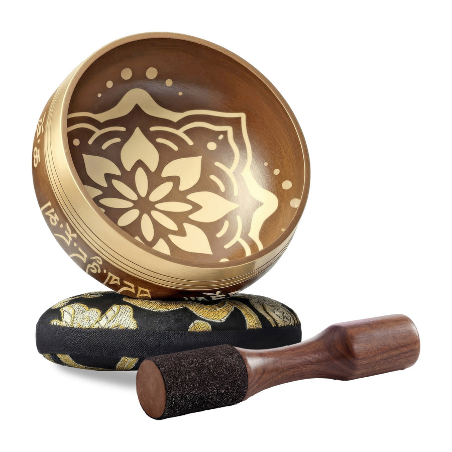 Golden Harmony Tibetan Singing Bowl with wooden striker and cushion