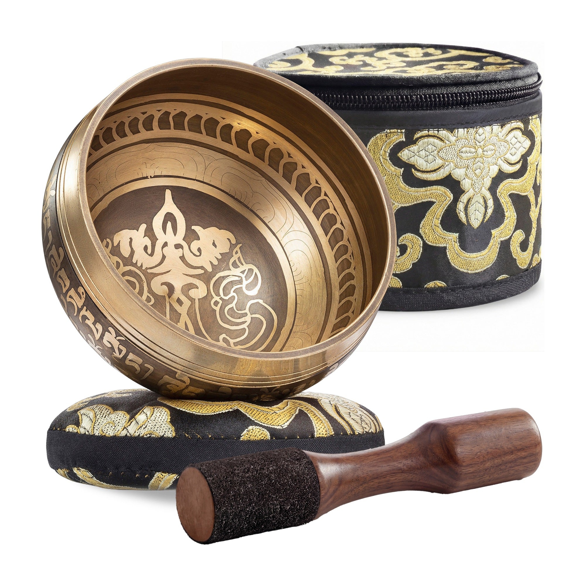 Golden Serenity Tibetan Singing Bowl set: bowl, striker, cushion and carry case