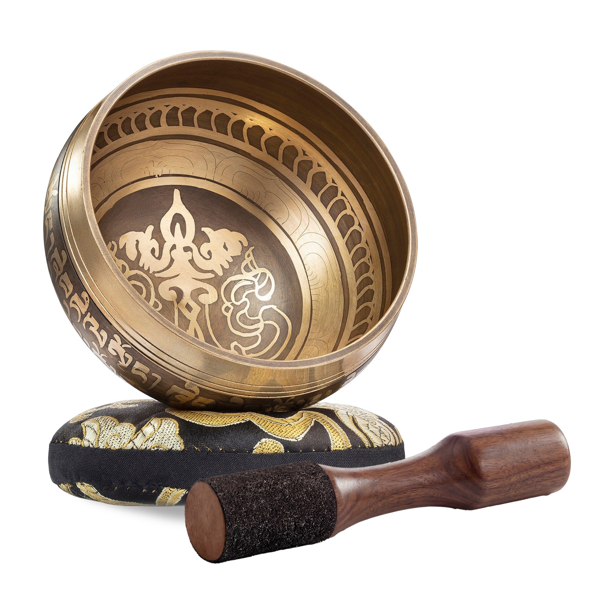 Golden Serenity Tibetan Singing Bowl with wooden striker and cushion