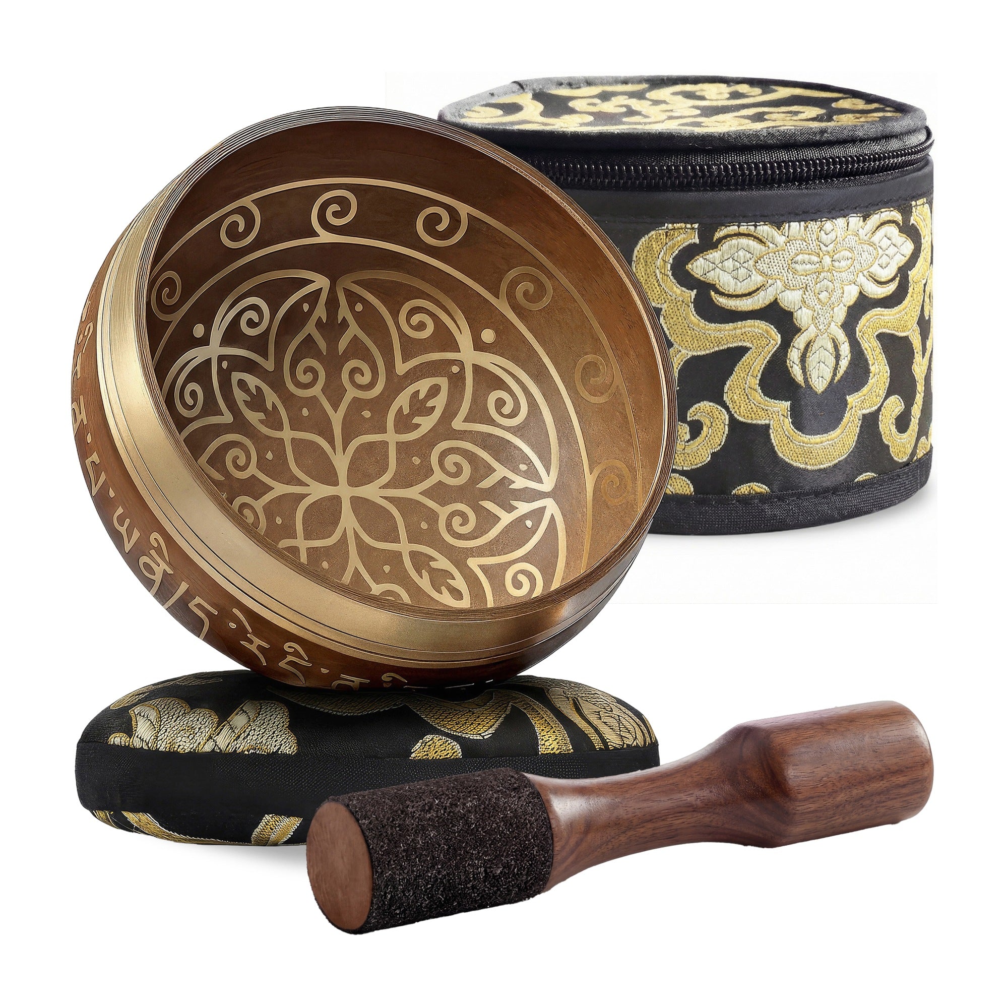 Golden Bloom Tibetan Singing Bowl set: bowl, striker, cushion and carry case