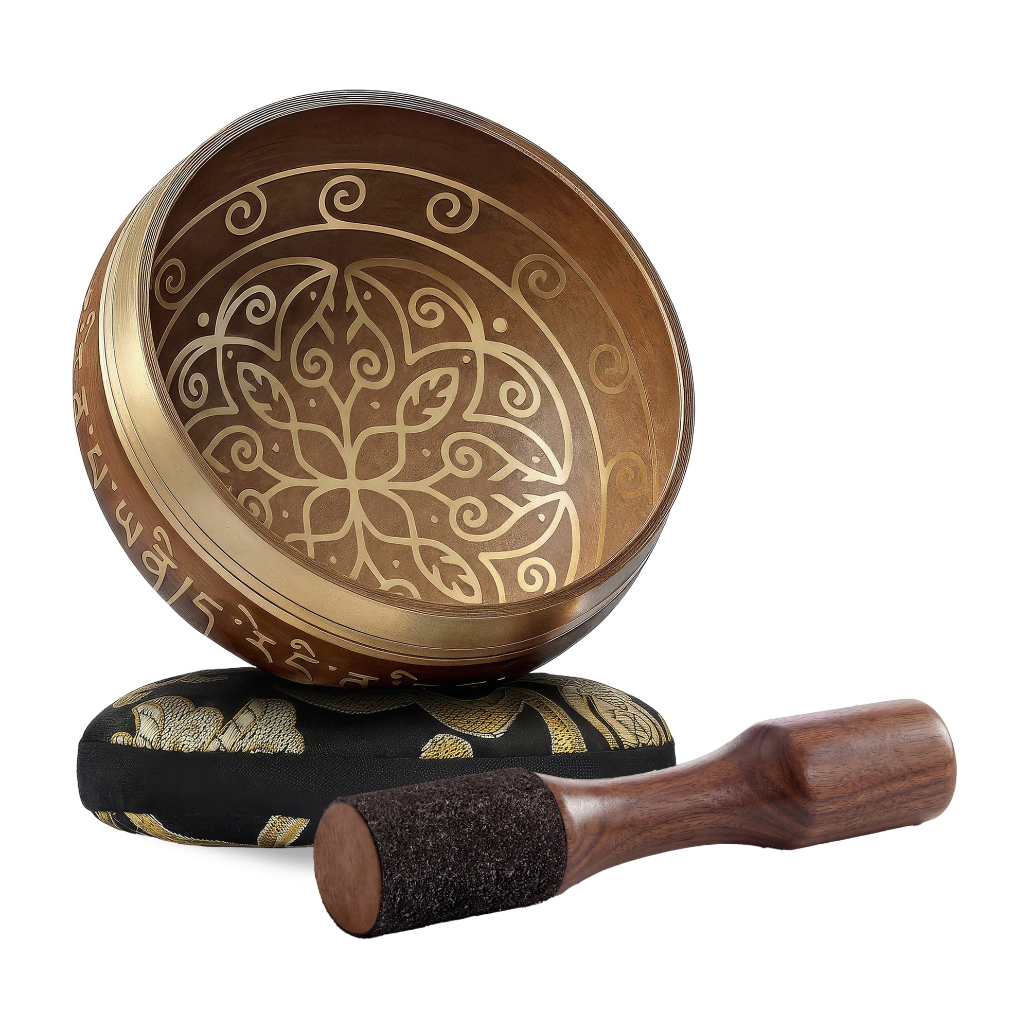 Golden Bloom Tibetan Singing Bowl with wooden striker and cushion