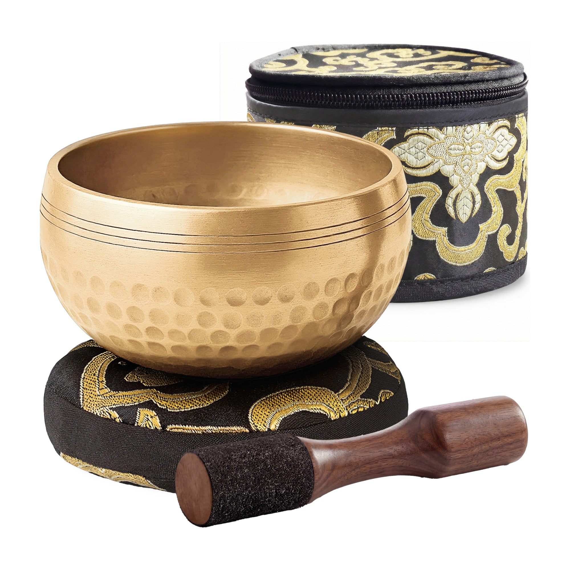 Golden Stillness Tibetan Singing Bowl set: bowl, striker, cushion and carry case