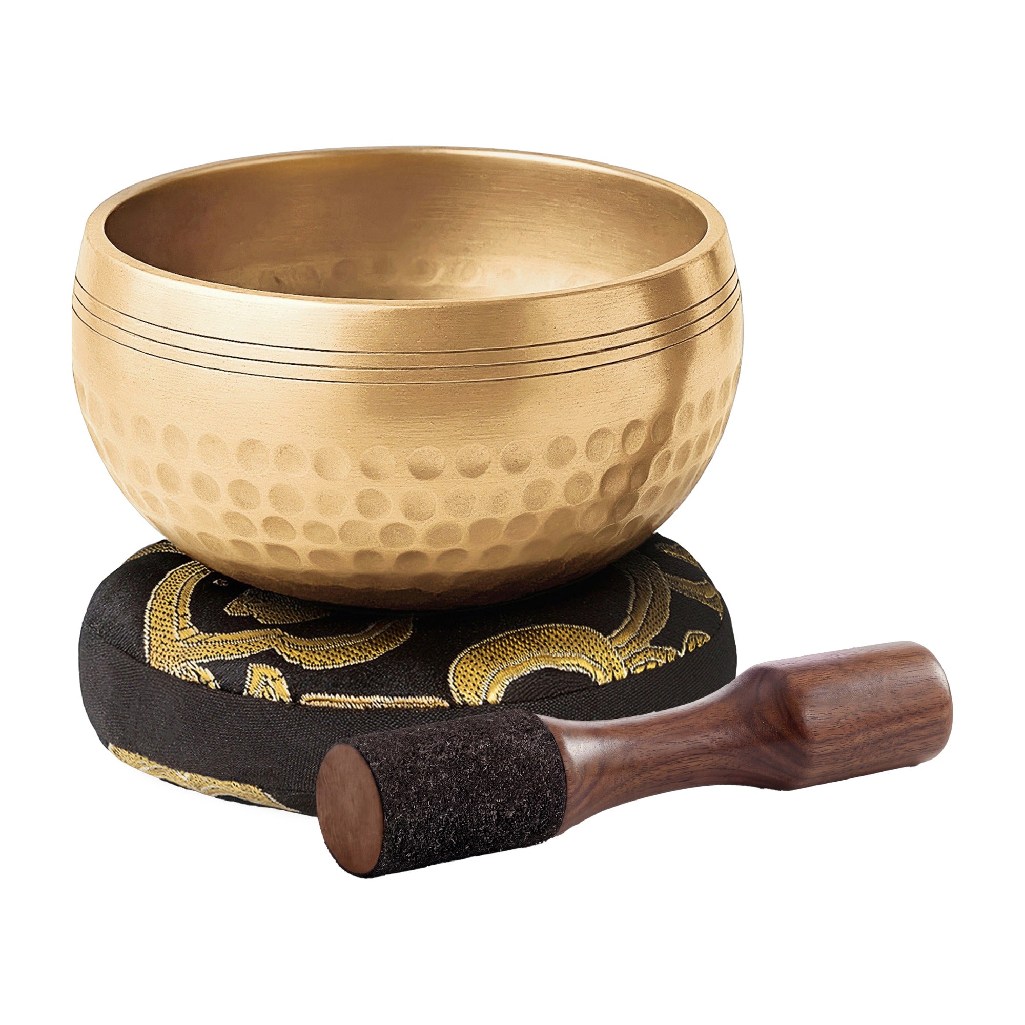 Golden Stillness Tibetan Singing Bowl with wooden striker and cushion
