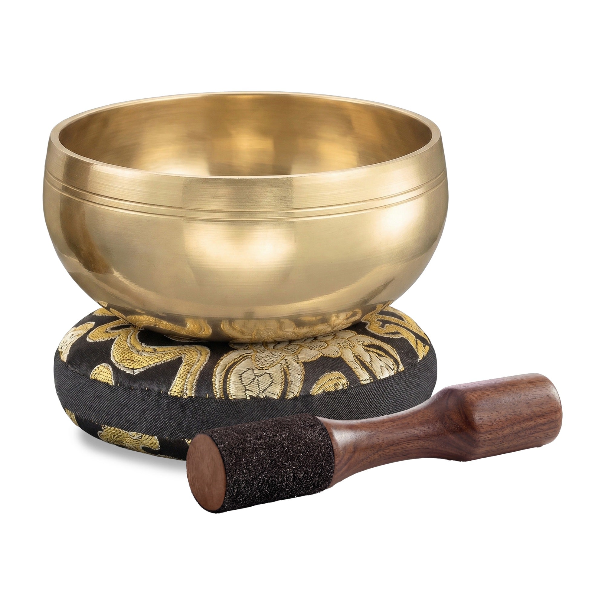 Golden Clarity Tibetan Singing Bowl with wooden striker and cushion