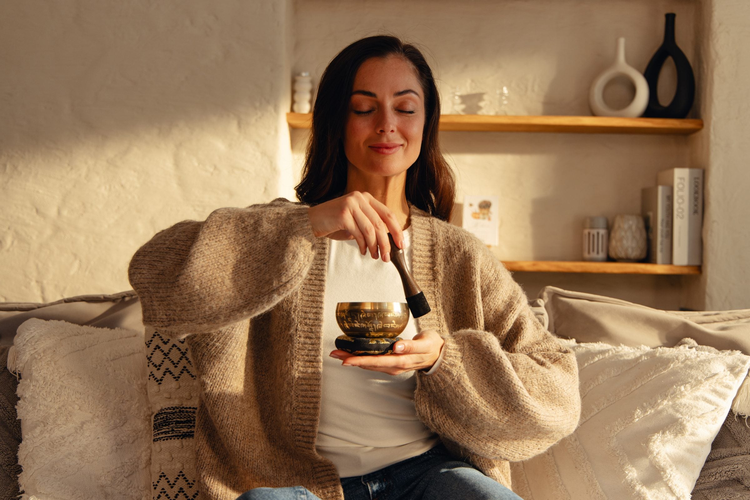 Golden Serenity singing bowl in a calm moment at home