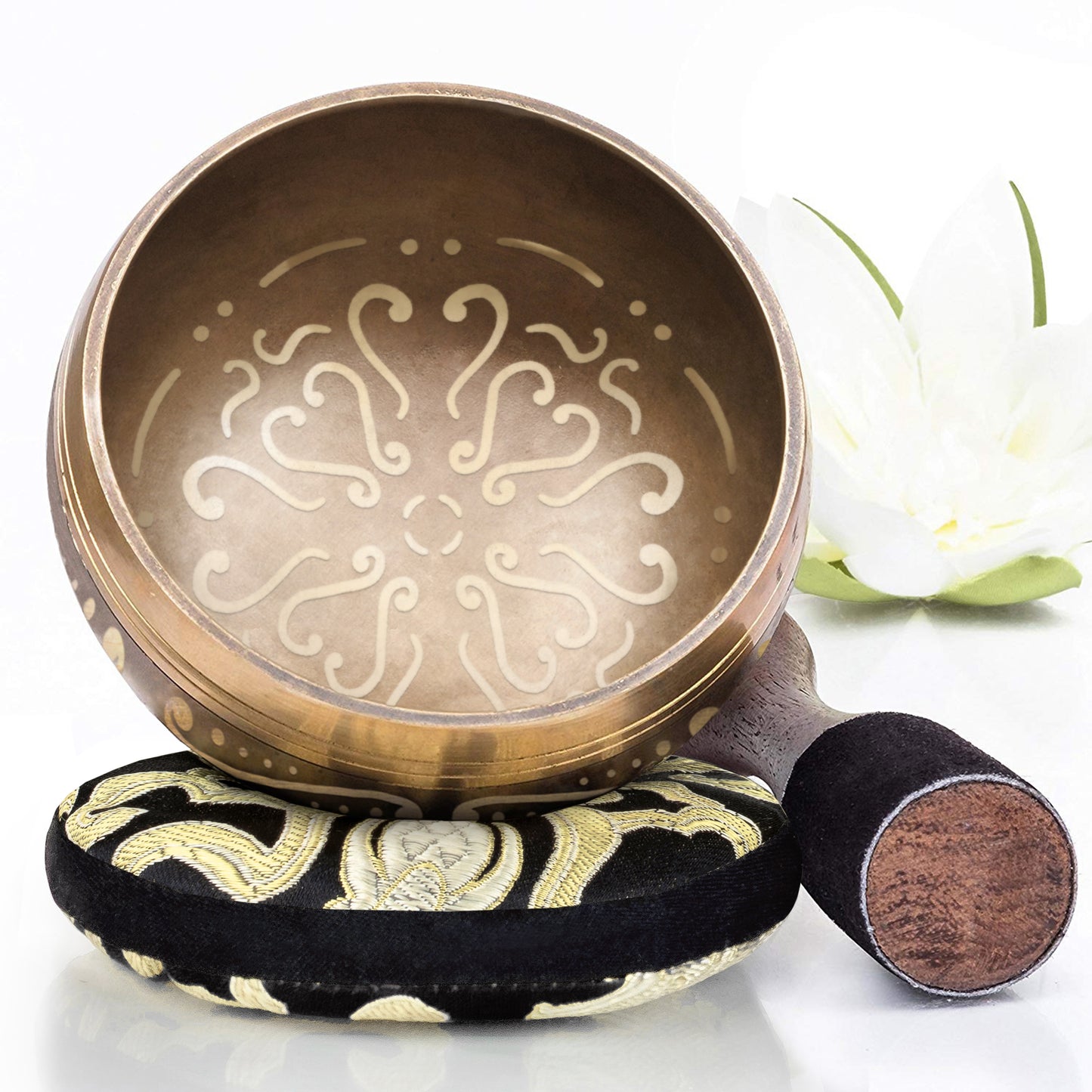 Golden Bowl with Black Pillow ~ Love Pattern ~ Tibetan Singing Bowl Set Singing Bowl Silent Mind - Silent Mind