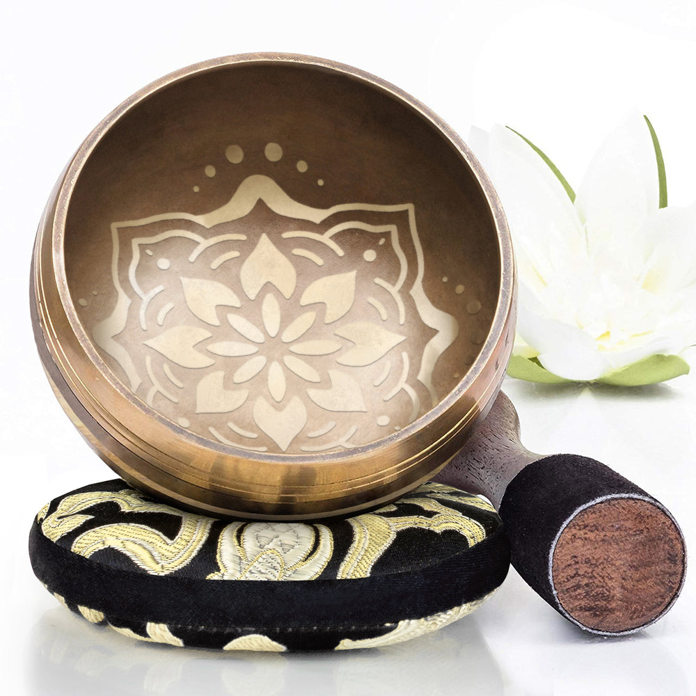 Golden Bowl with Black Pillow ~ Bliss Pattern ~ Tibetan Singing Bowl Set Singing Bowl Silent Mind - Silent Mind