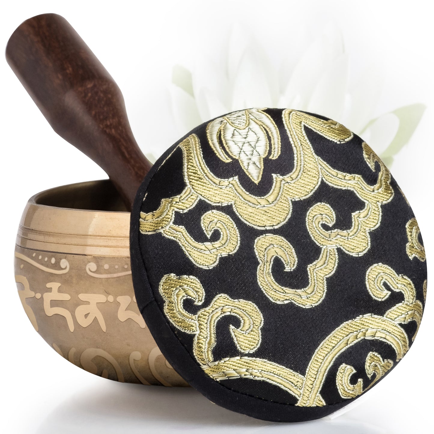 
                  
                    Golden Bowl with Black Pillow ~ Love Pattern ~ Tibetan Singing Bowl Set Singing Bowl Silent Mind - Silent Mind
                  
                