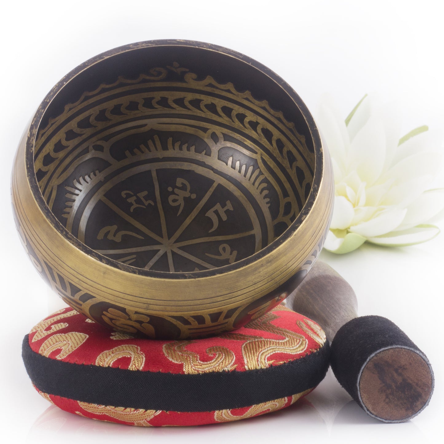 
                  
                    Antique Light Brown Bowl with Red Pillow ~ Gratitude Pattern ~ Tibetan Singing Bowl Set
                  
                