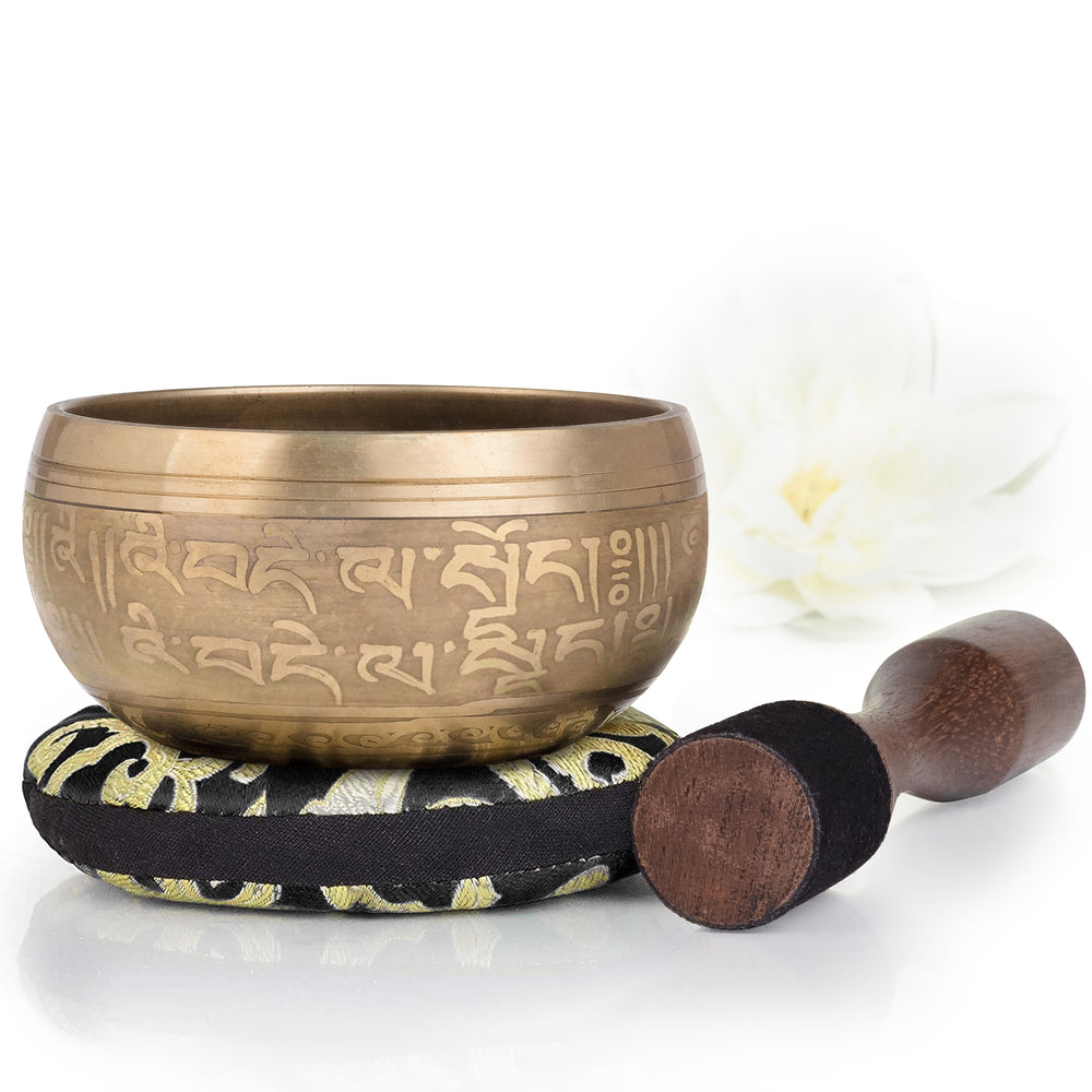 
                  
                    Golden Peace Mantra Bowl with Black Pillow ~ Tibetan Singing Bowl Set Singing Bowl Silent Mind - Silent Mind
                  
                