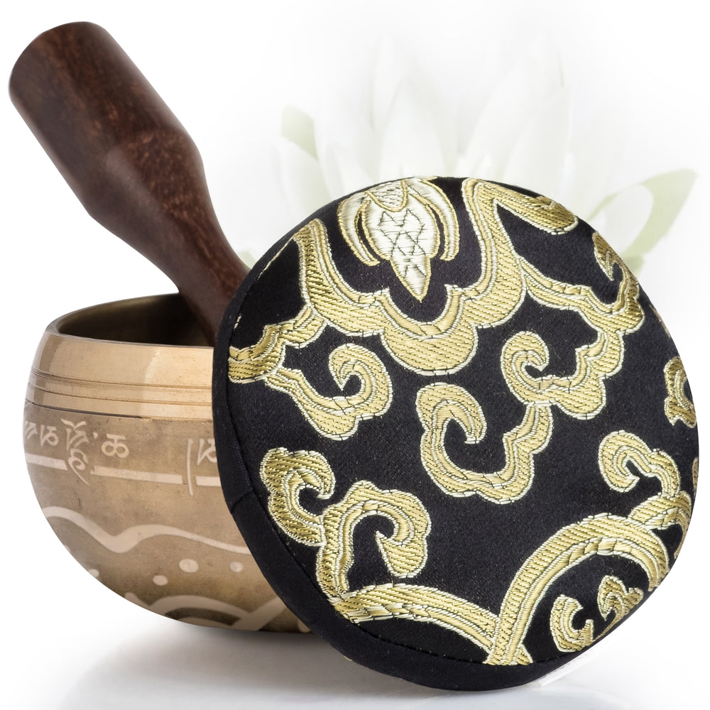 
                  
                    Golden Bowl with Black Pillow ~ Bliss Pattern ~ Tibetan Singing Bowl Set Singing Bowl Silent Mind - Silent Mind
                  
                