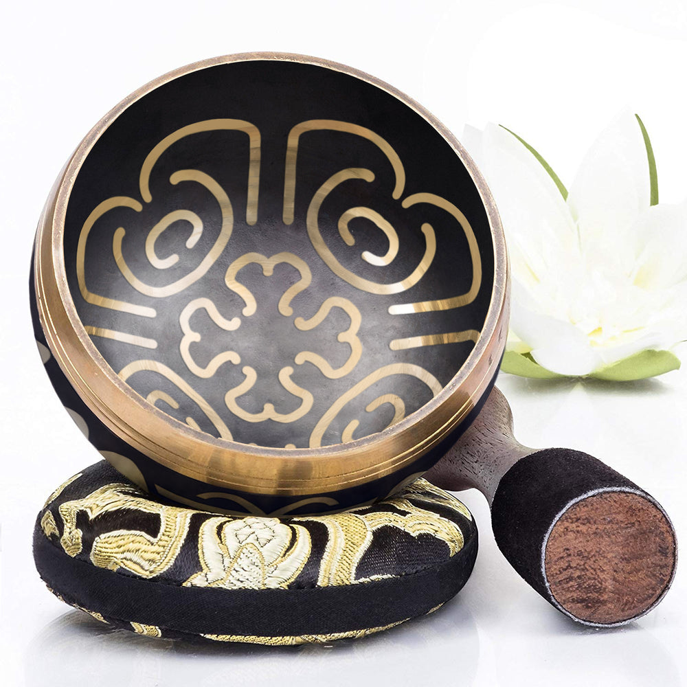 Black Bowl with Black Pillow ~ Heart Pattern ~ Tibetan Singing Bowl Set