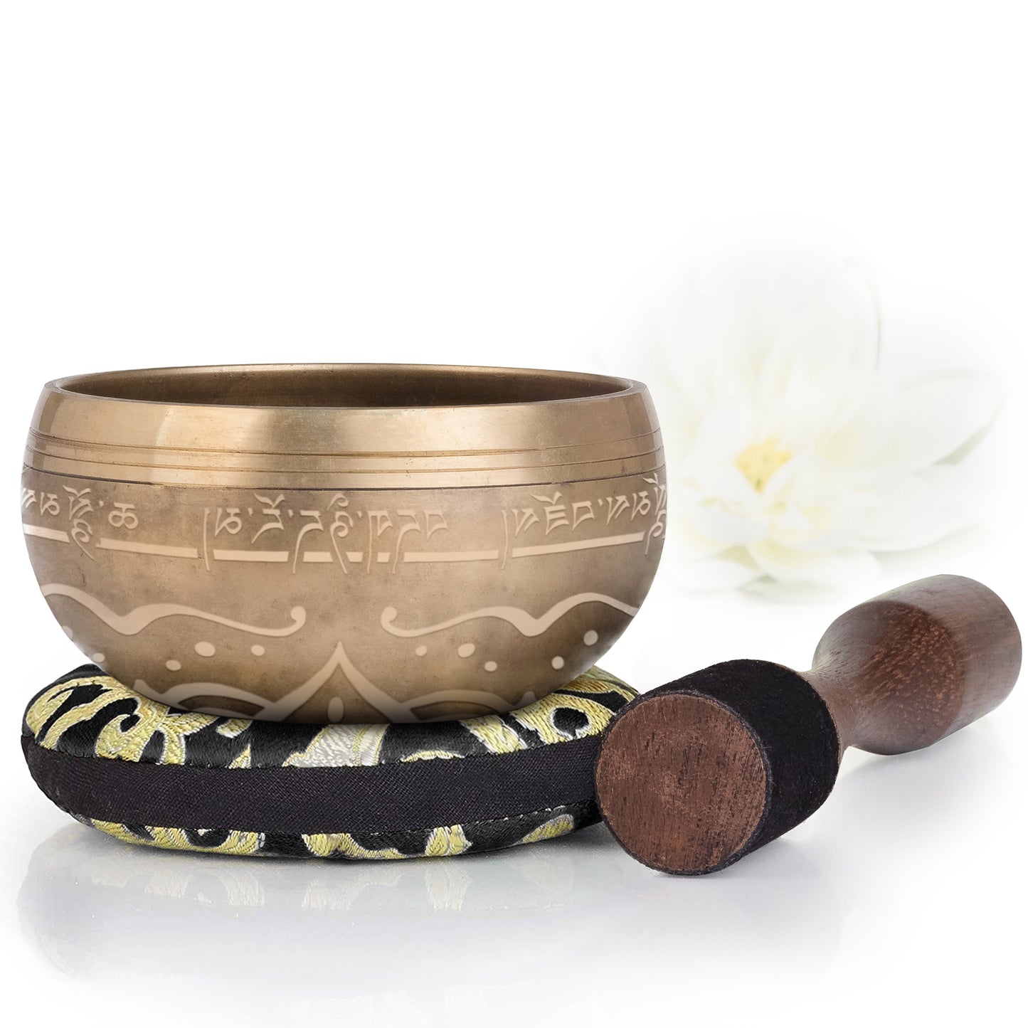 
                  
                    Golden Bowl with Black Pillow ~ Bliss Pattern ~ Tibetan Singing Bowl Set Singing Bowl Silent Mind - Silent Mind
                  
                