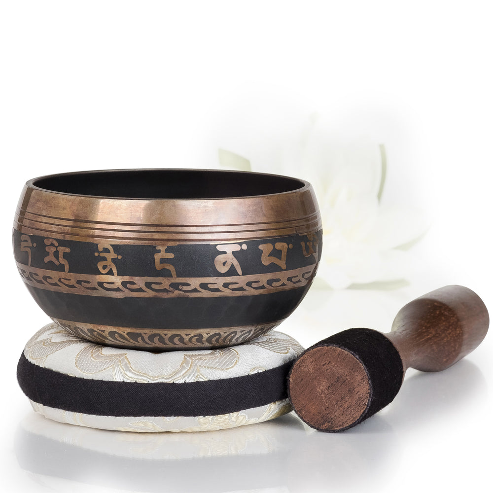 
                  
                    Dark Brown Bowl with White Pillow ~ Harmony Pattern ~ Tibetan Singing Bowl Set Singing Bowl Silent Mind - Silent Mind
                  
                