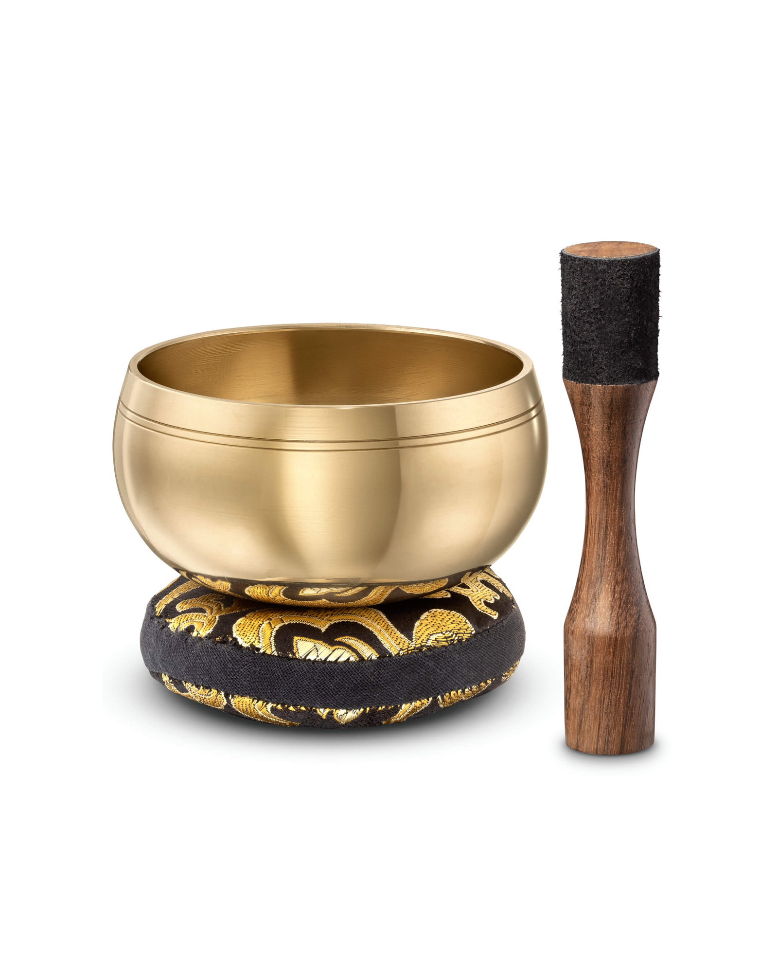 Golden Clarity singing bowl with its cushion and wooden striker
