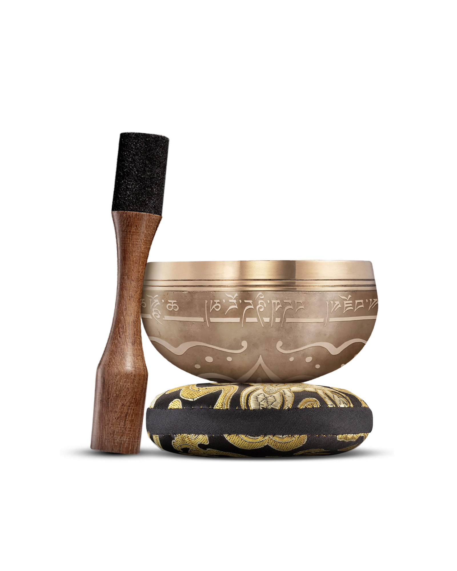 Golden Harmony singing bowl with its cushion and wooden striker