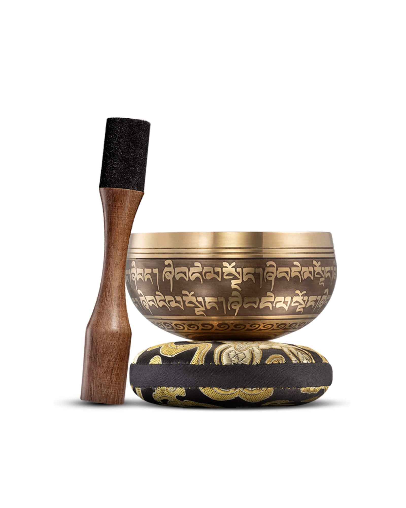 Golden Serenity singing bowl with its cushion and wooden striker