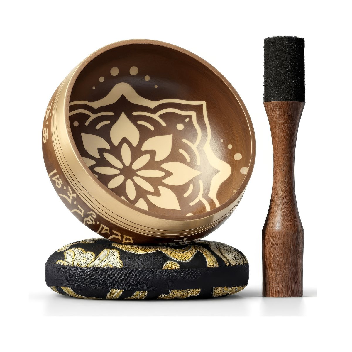 Golden Harmony singing bowl, tilted to show the lotus inside, with its cushion and wooden striker