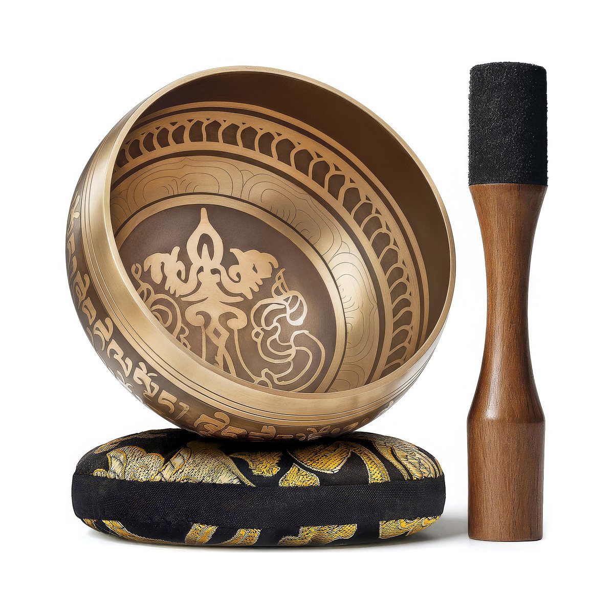 Golden Serenity singing bowl, tilted to show its engraved center, with its cushion and wooden striker