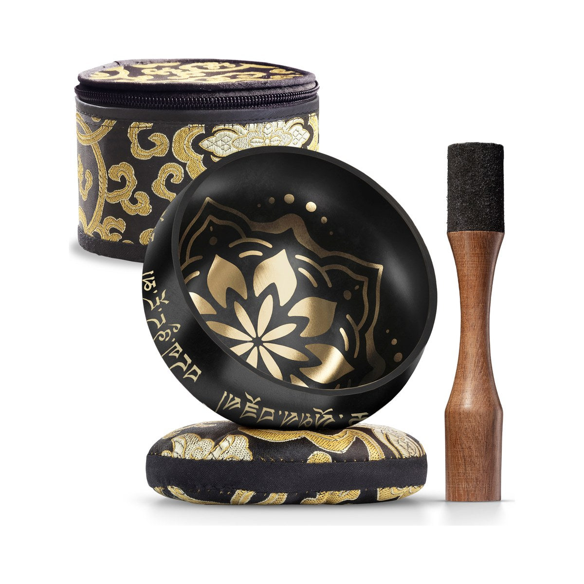 Celestial Harmony black and gold singing bowl with its cushion, wooden striker and padded case